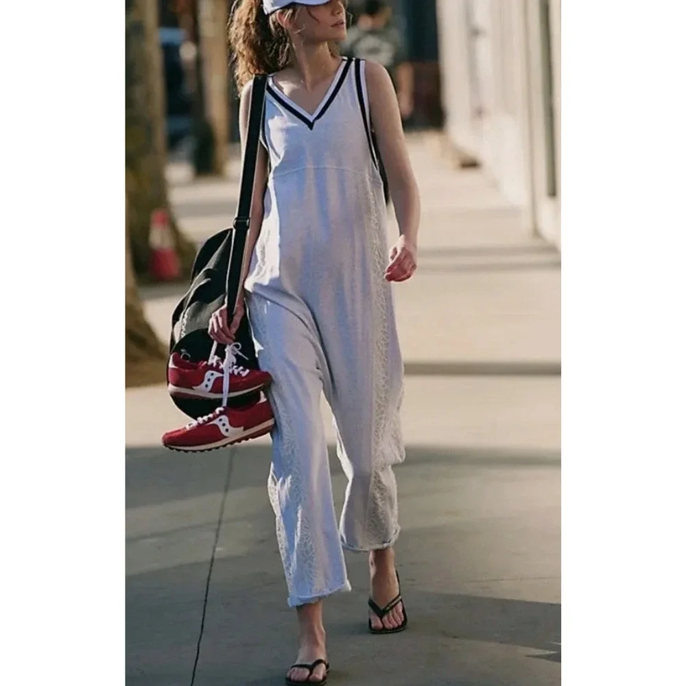 FREE PEOPLE FP MOVEMENT HEATHER GREY WHITE LACE DAY TRIP ONE PIECE JUMPSUIT XS